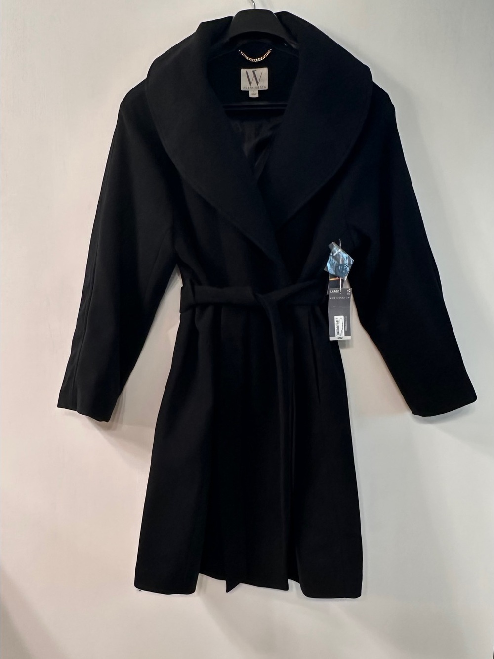 NWT Worthington Women’s Large Black Belted Wrap Overcoat Wide Collar $230 Coat